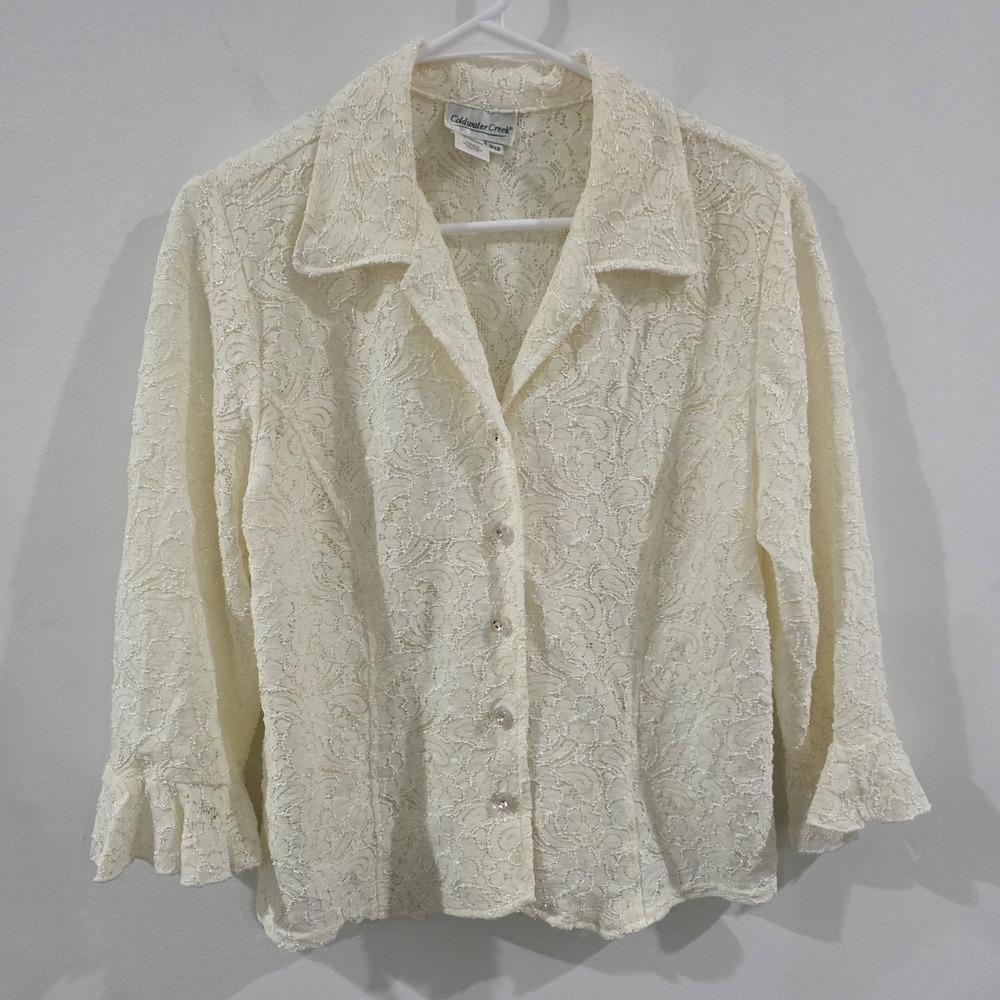 Coldwater Creek Womens Floral Lace Button Up Top Sz 12 Petite Sheer Ivory Fairy